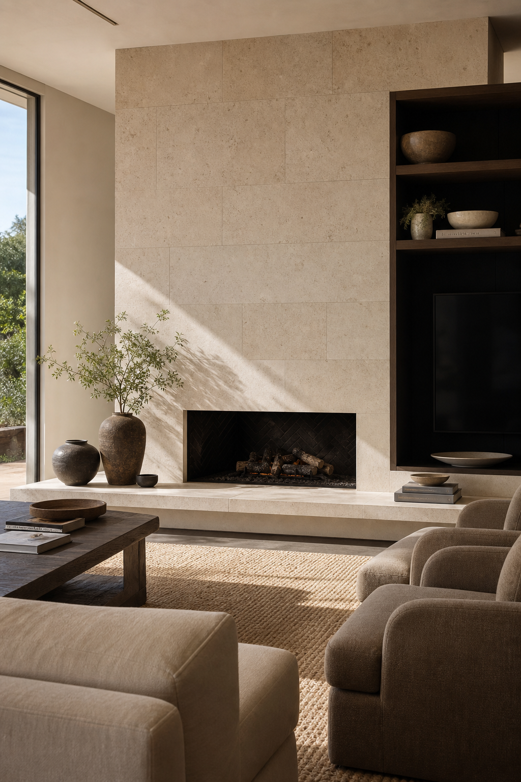 Contemporary living room with honed limestone fireplace wall and cozy designer seating