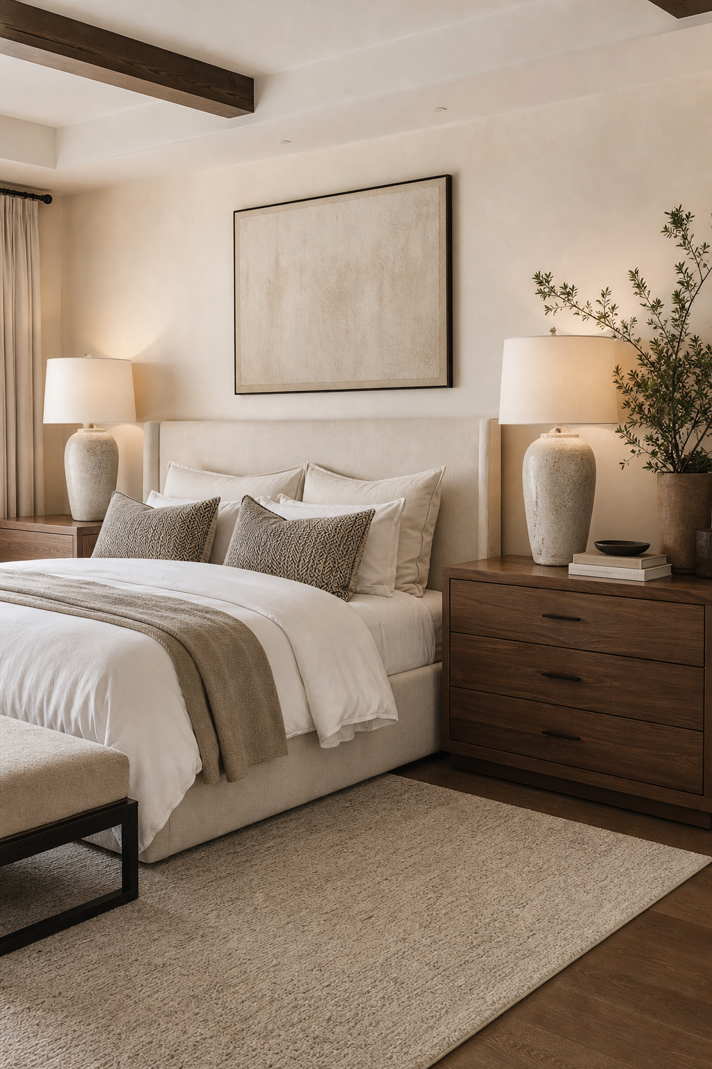 Luxury bedroom with oversized walnut nightstands and ceramic lamps