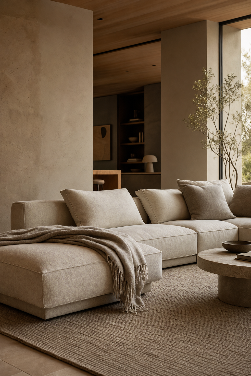 pick low, wide seating in a cozy minimalist living room