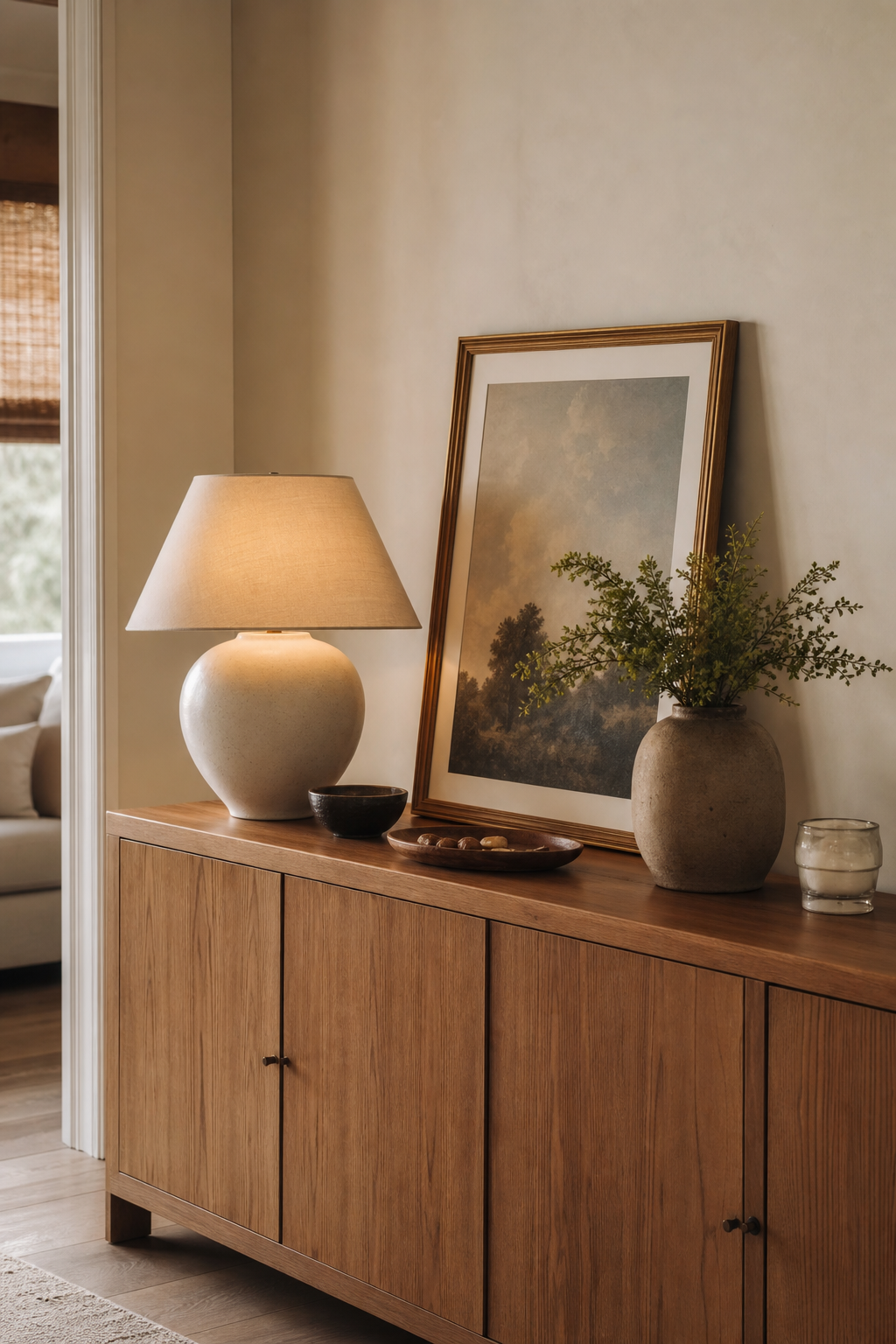 Warm apartment aesthetic idea with lean art instead of over-hanging everything