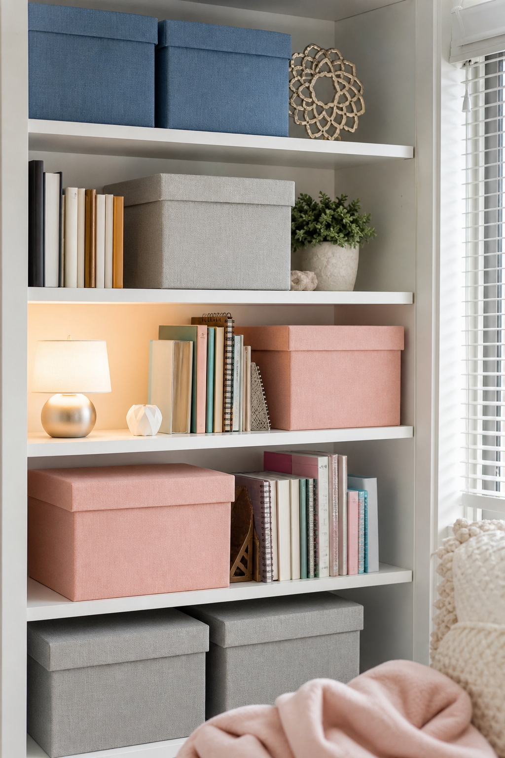Teen room shelves with coordinated DIY storage boxes