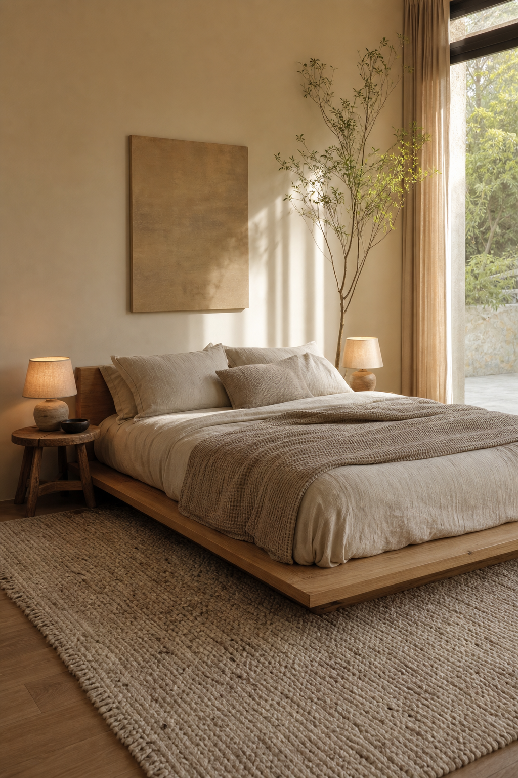 Grounded Japandi bedroom with low platform bed and linen bedding