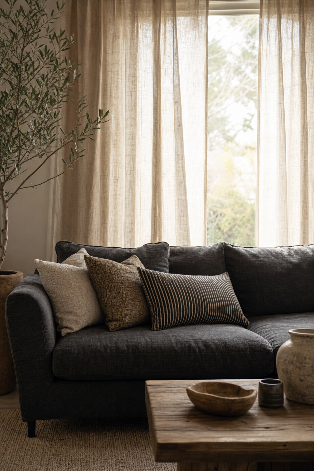 Dark grey couch styling idea with soften it with linen curtains