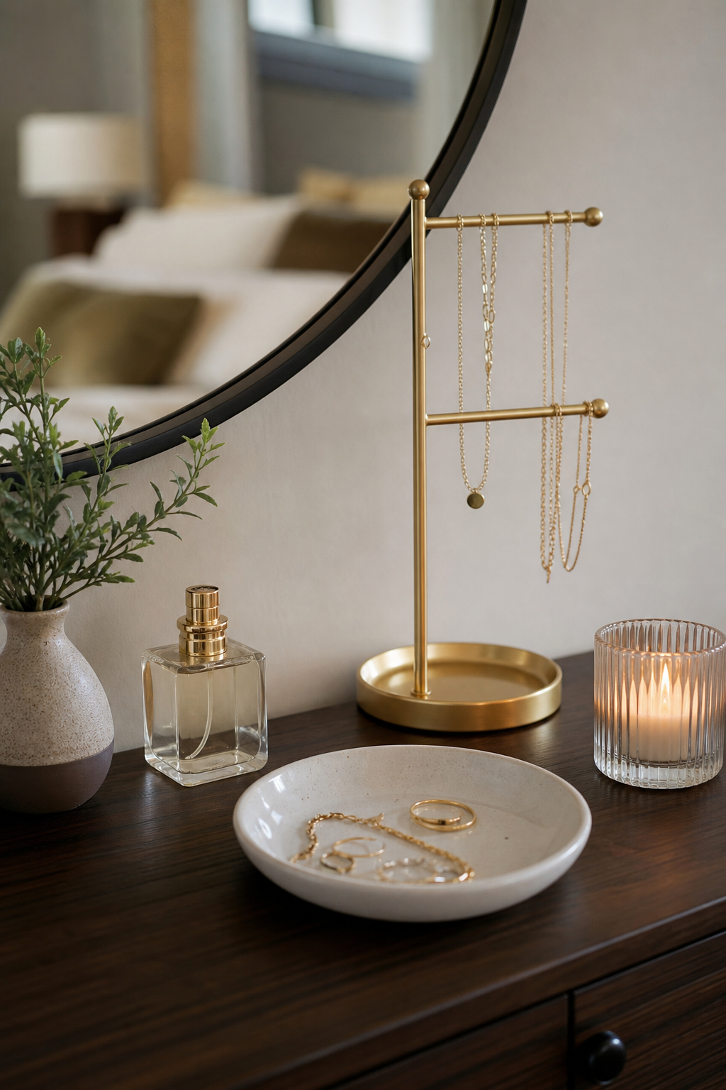 Dresser top styled with jewelry, perfume, candle, and a tiny vase