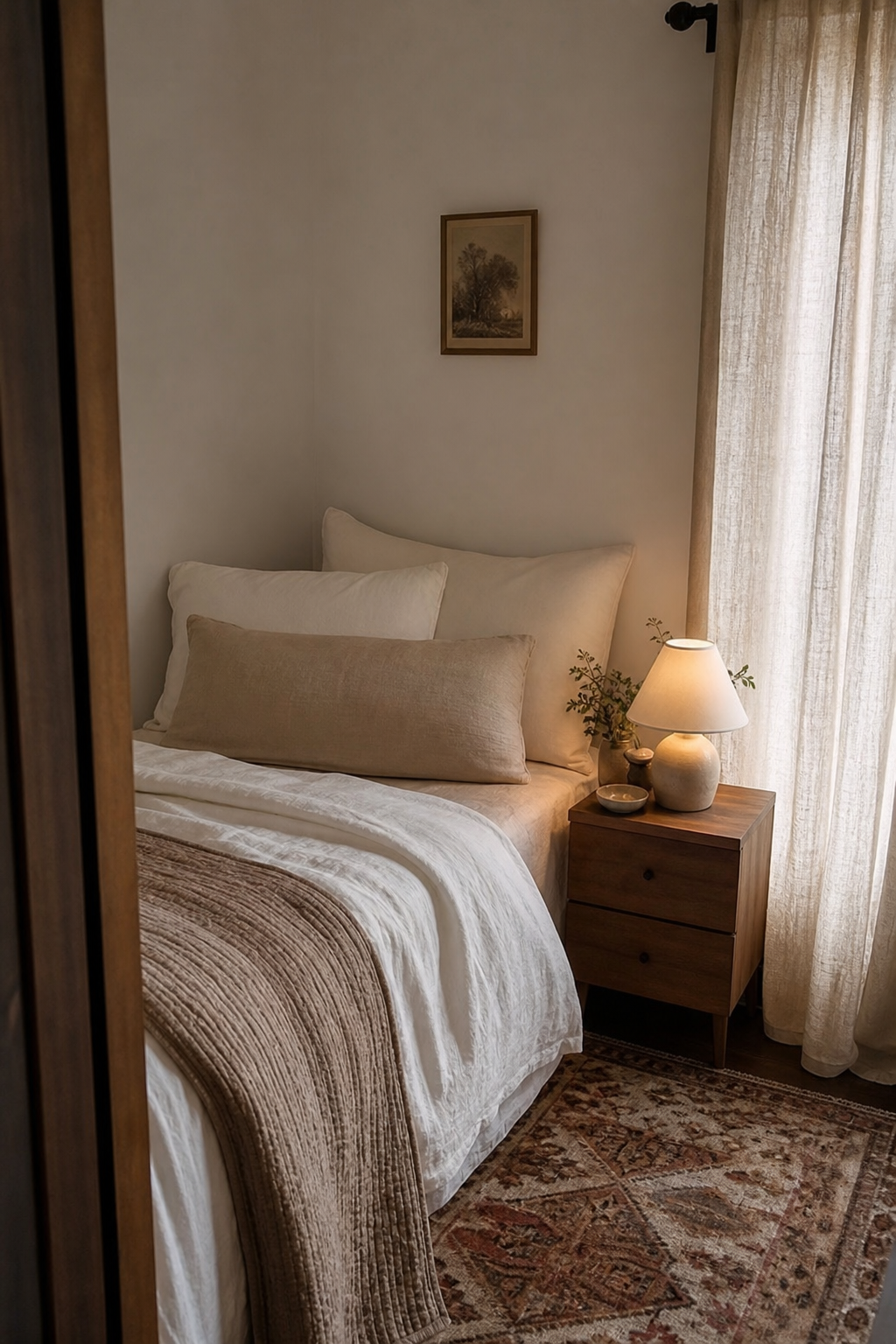 Cozy apartment bedroom nook layered with linen and soft textiles