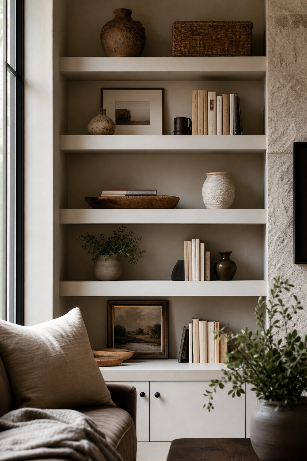 Built-in living room shelves styled with neutral books, ceramics, baskets, framed art, negative space, cozy designer room