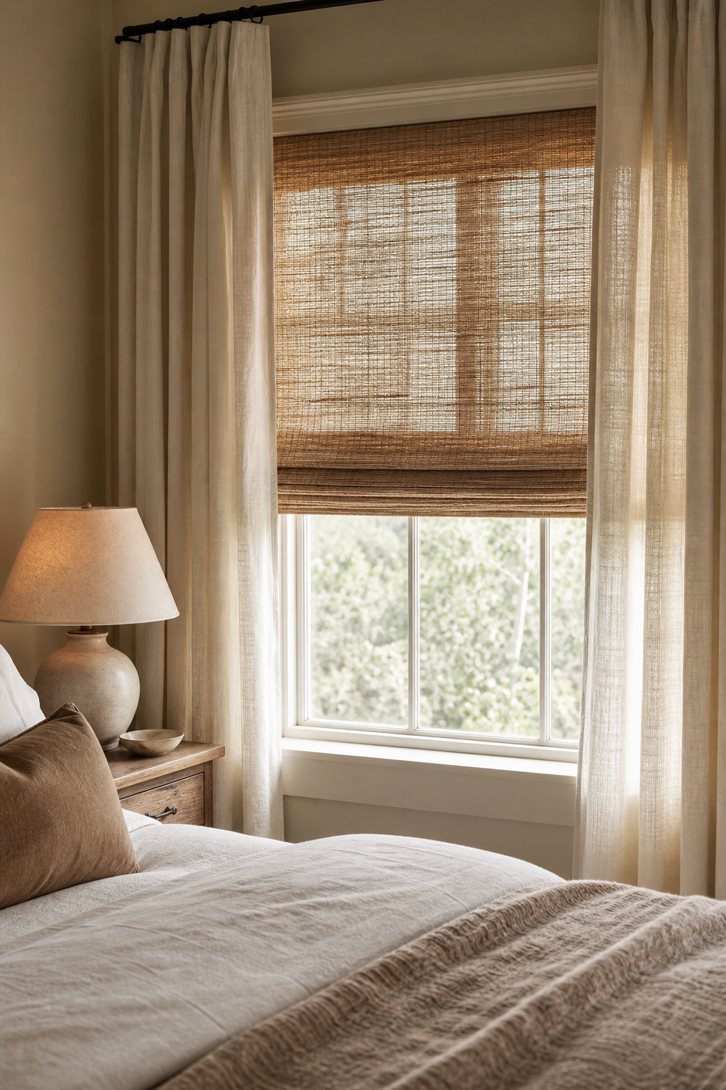 Cozy bedroom window with woven shade and linen curtains