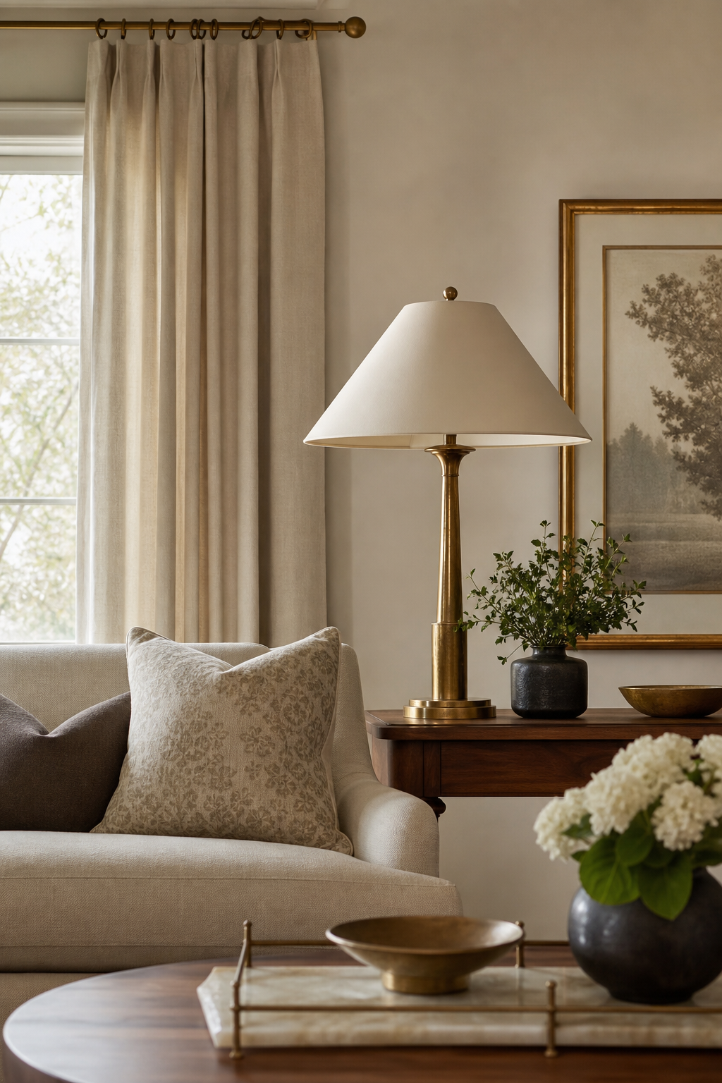 Living room with restrained aged brass accents