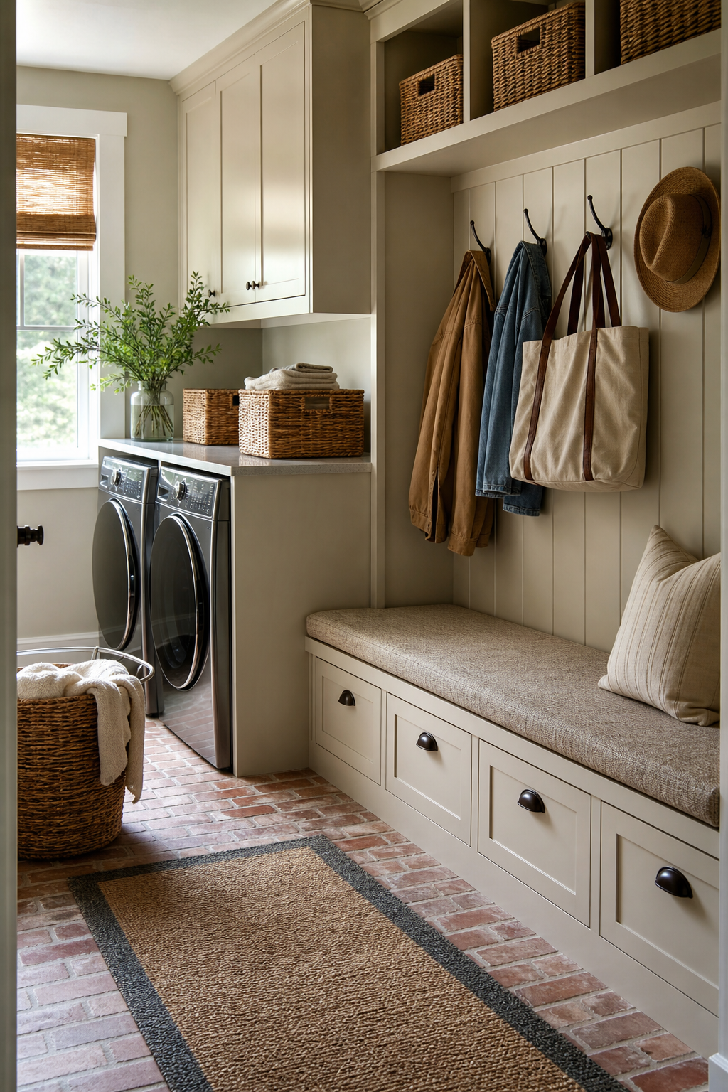 Mudroom laundry room with bench hooks and washer dryer