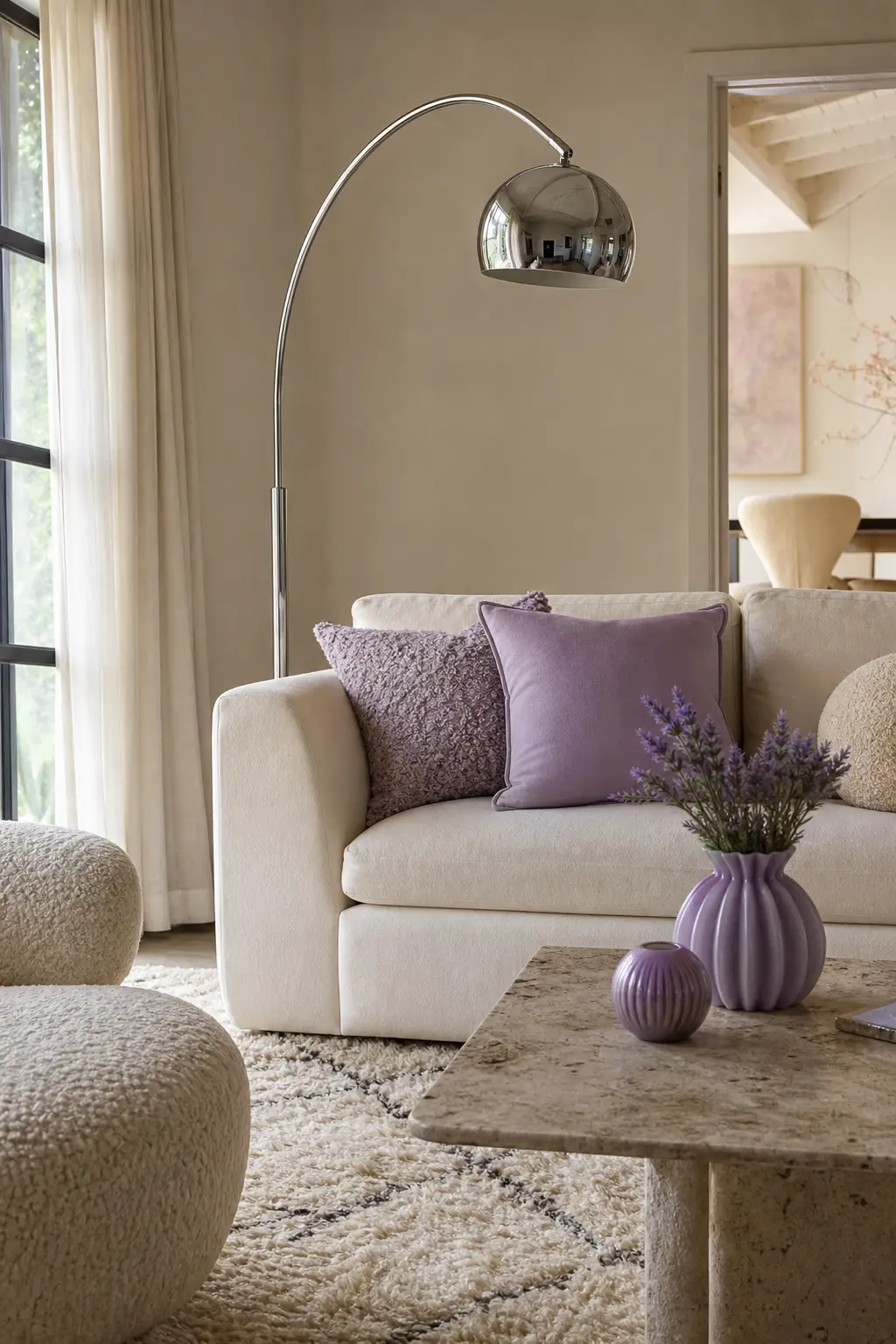 try soft lavender details in a cozy Y2K living room