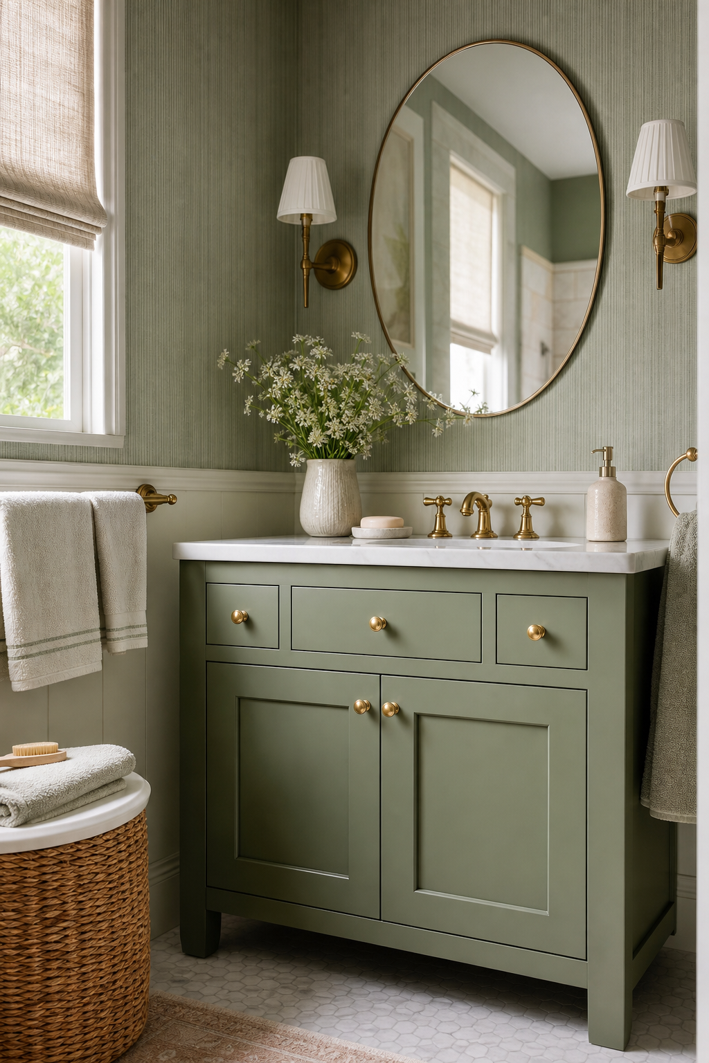 Cute bathroom with sage green painted vanity