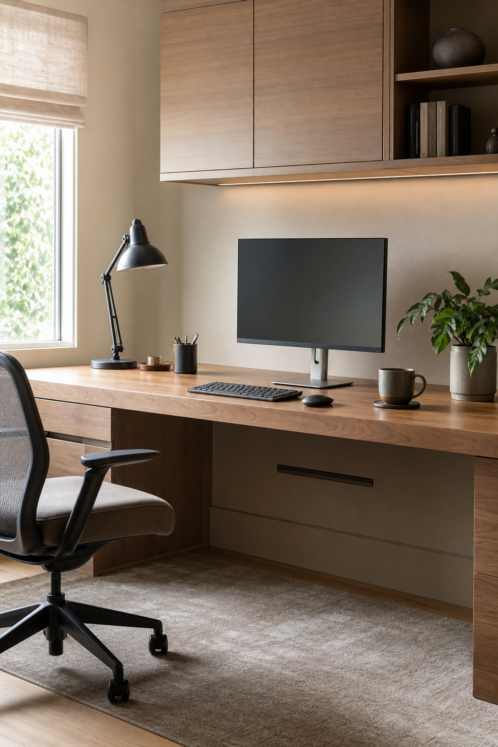 Clutter-free home office desk with hidden cable management, monitor, wood desk, closed storage, calm neutral styling