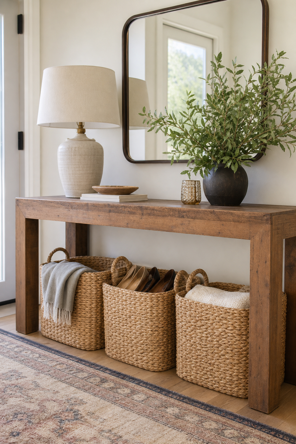 Entryway console with woven baskets underneath
