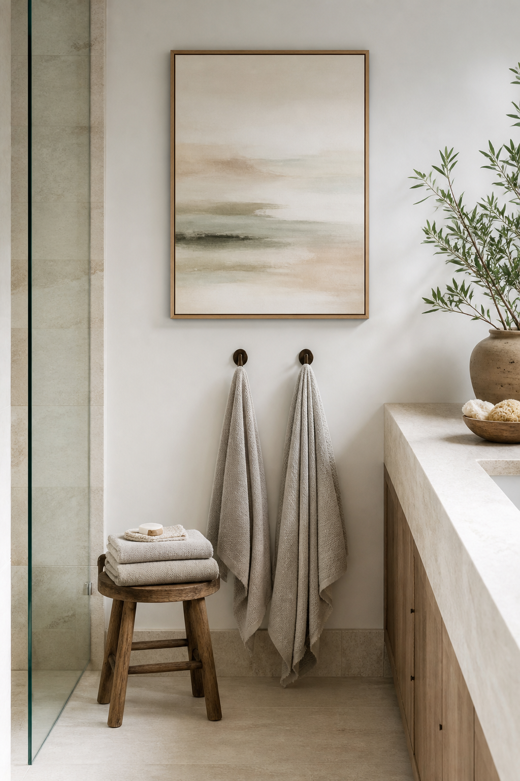 Spa bathroom with quiet framed art and towel hooks