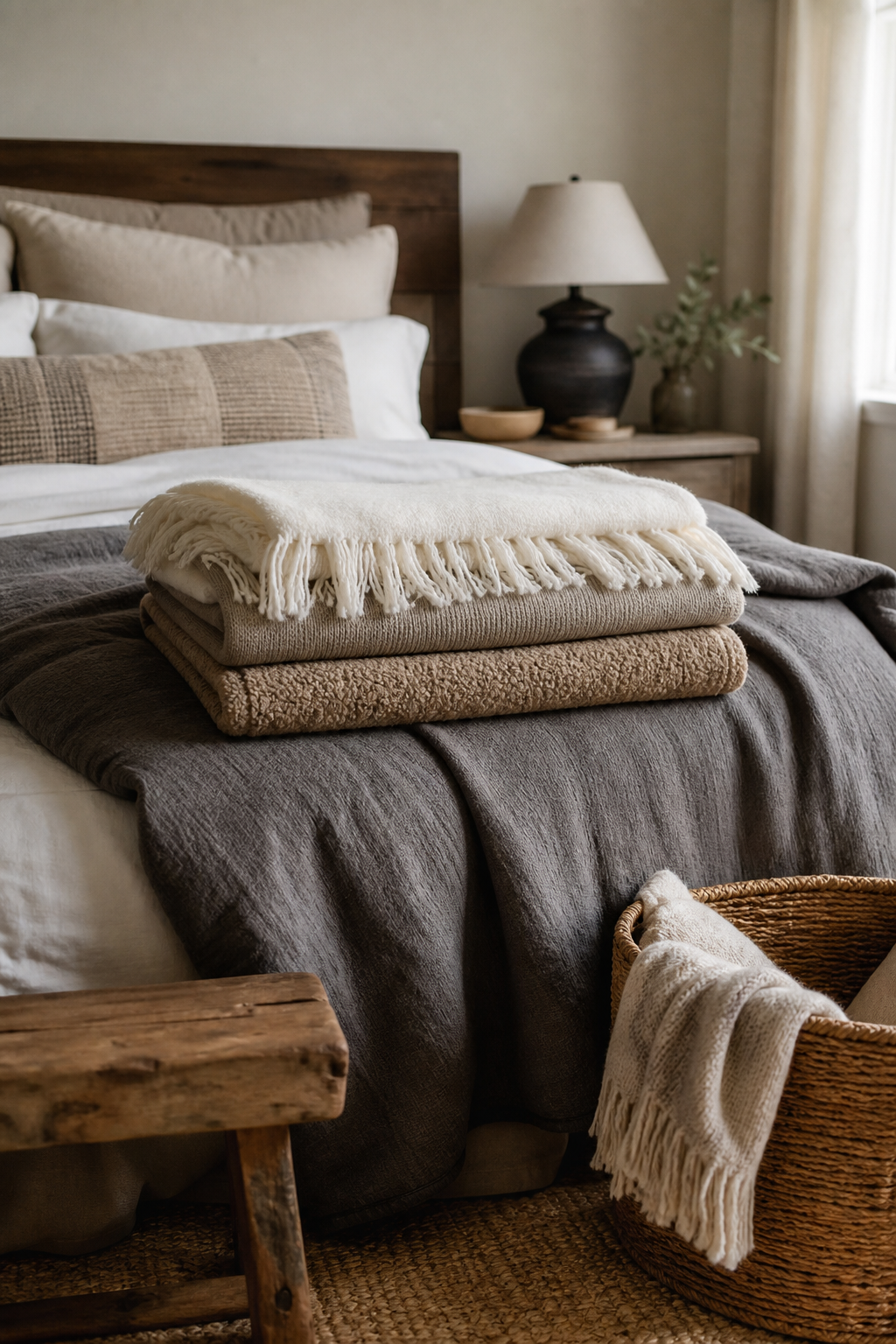 Guest bedroom with extra folded blanket at foot of bed, basket with throw, layered pillows, warm neutral palette