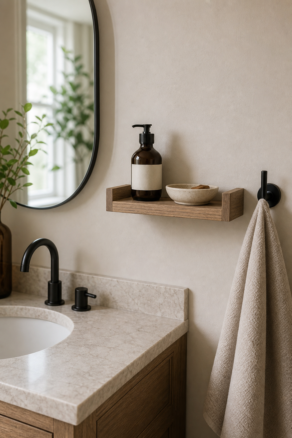 Compact powder room with shallow wood shelf near vanity, soap, ceramic dish, hand towel, and mirror