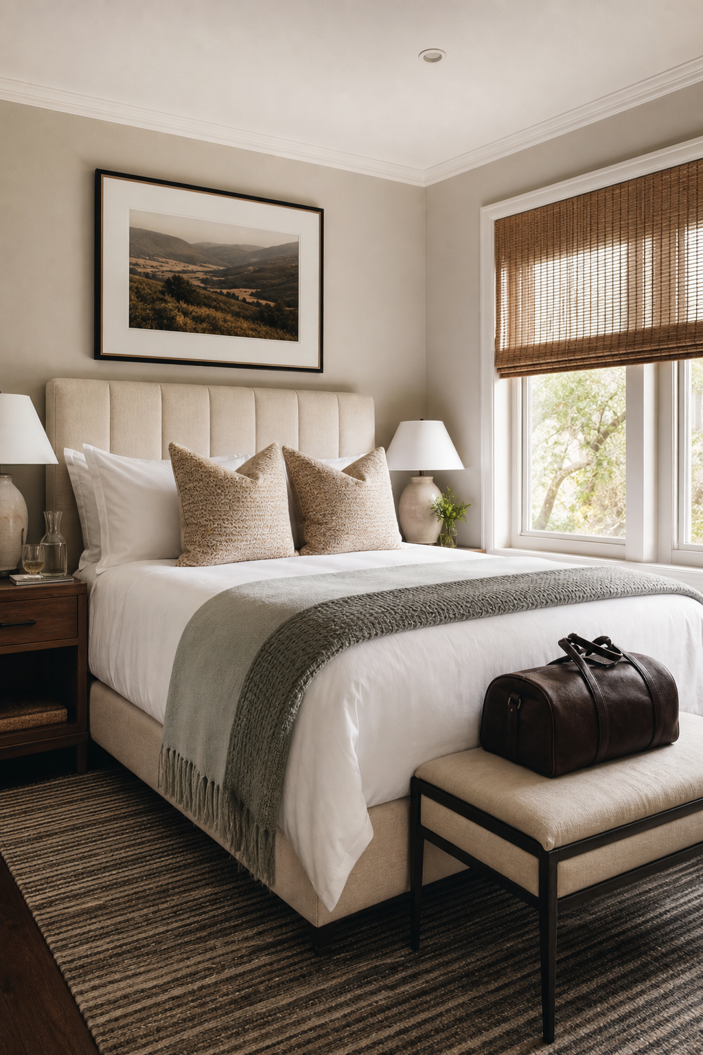 Boutique-style guest bedroom with crisp bedding and luggage bench
