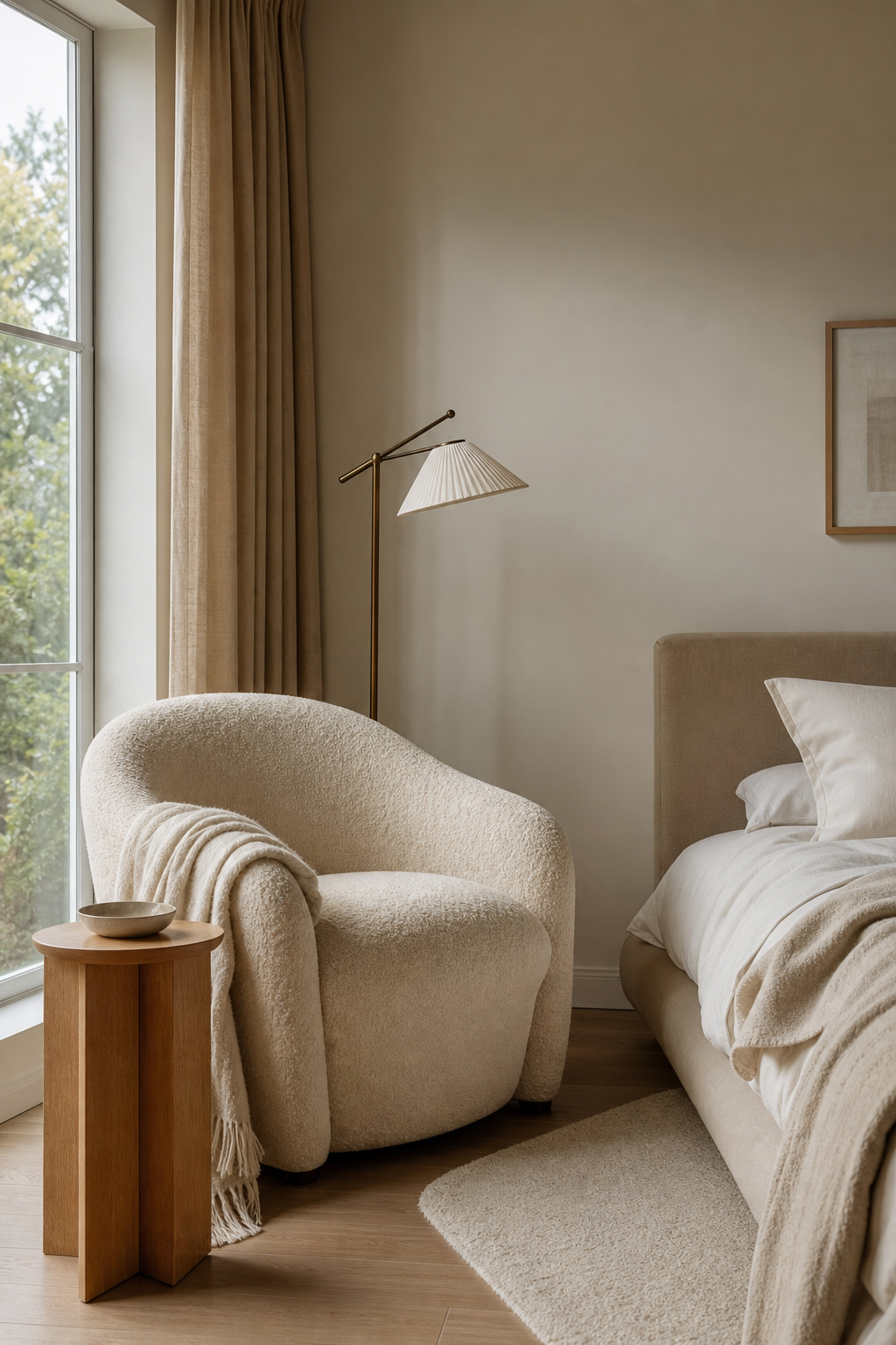 Minimalist bedroom reading corner with cream lounge chair and slim floor lamp