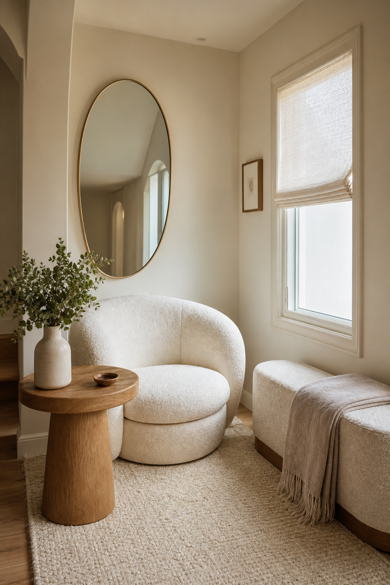 Small room makeover softened with rounded furniture and oval mirror