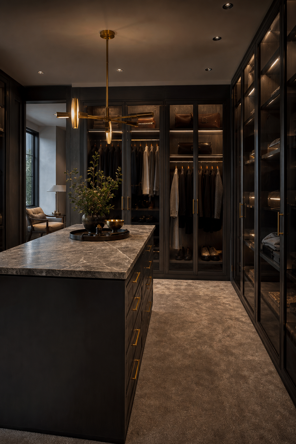 Use Dark Cabinetry For A Tailored Mood in a neat stylish walk-in closet