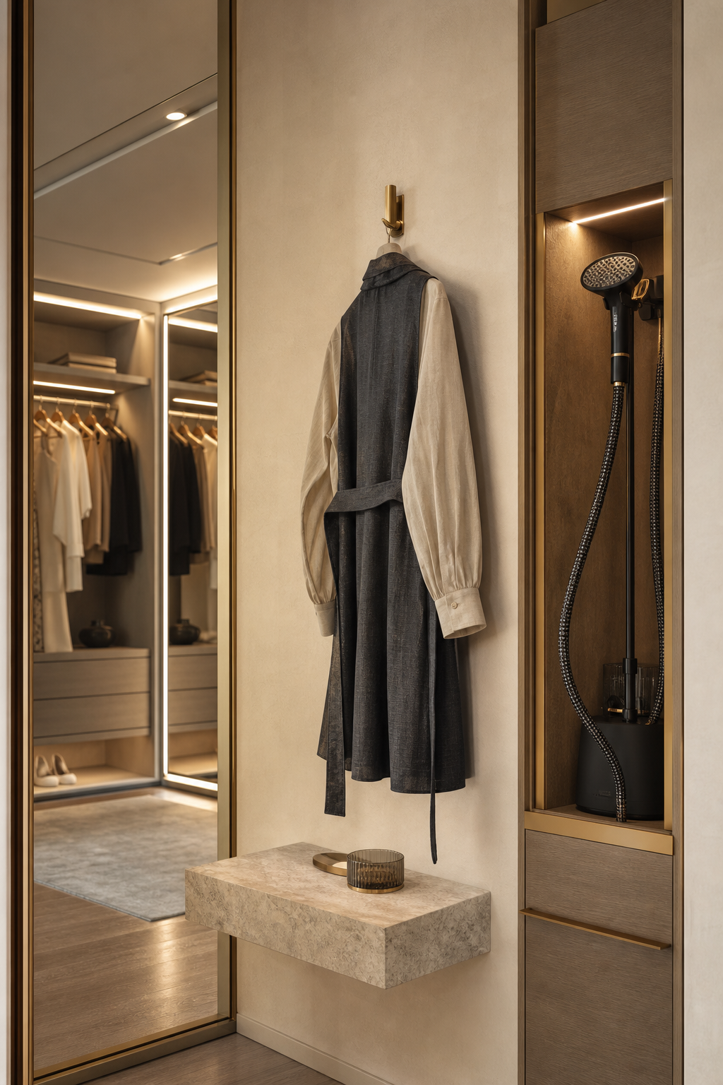Dressing closet idea with include a steamer and outfit hook
