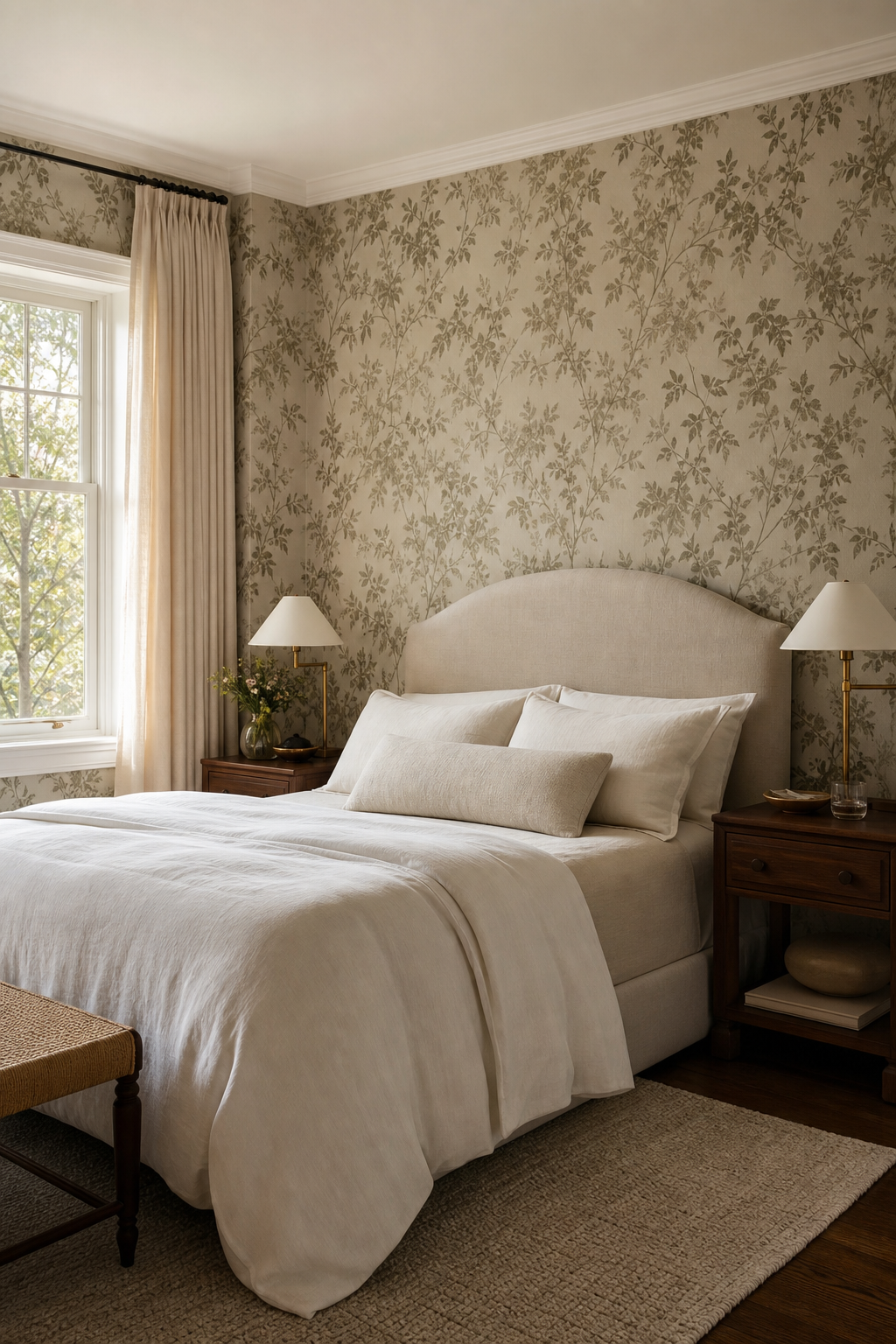 Cozy bedroom with subtle botanical wallpaper, ivory bedding, and walnut nightstands