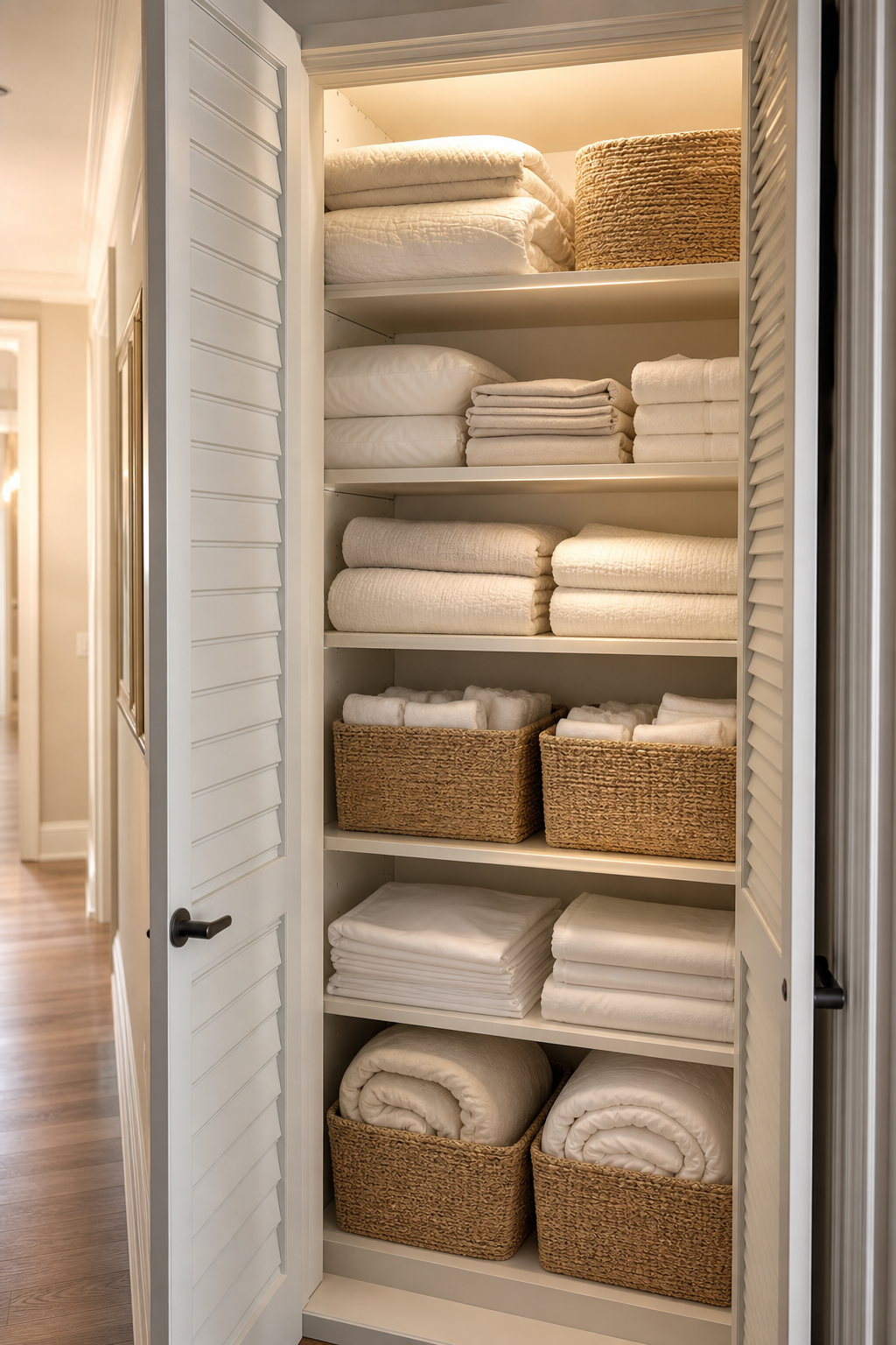 Elegant linen closet with folded towels, sheets, blankets, flax baskets, and warm lighting