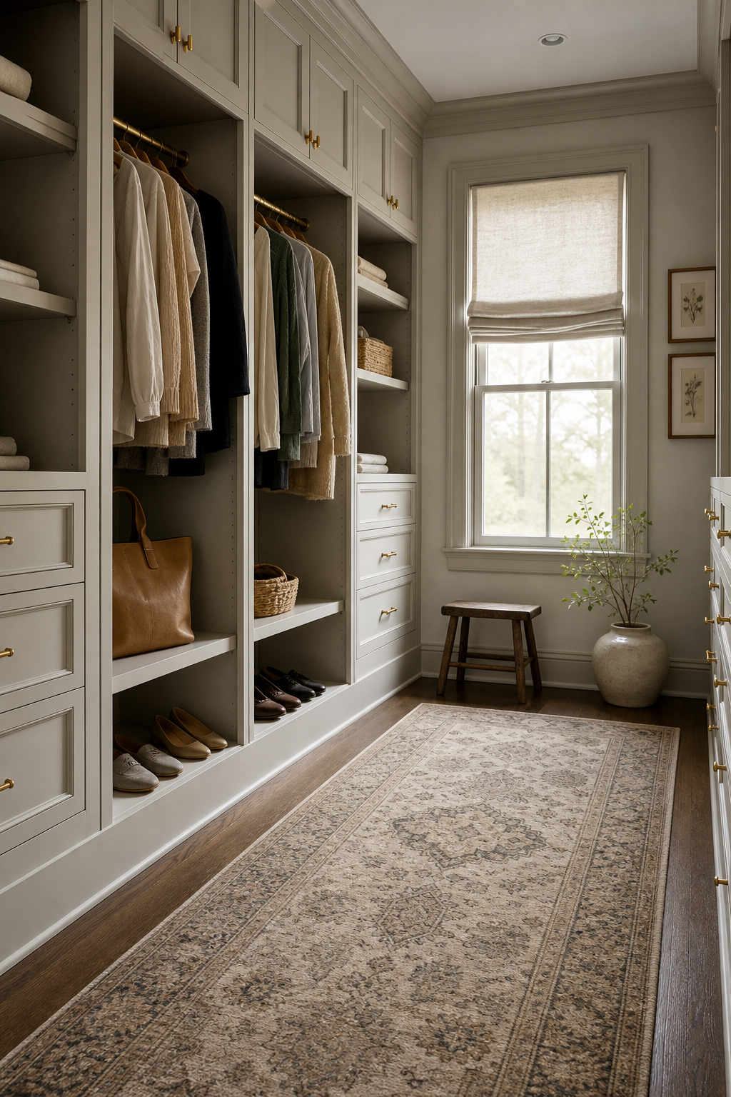 Use A Runner For Softness in a neat stylish closet room
