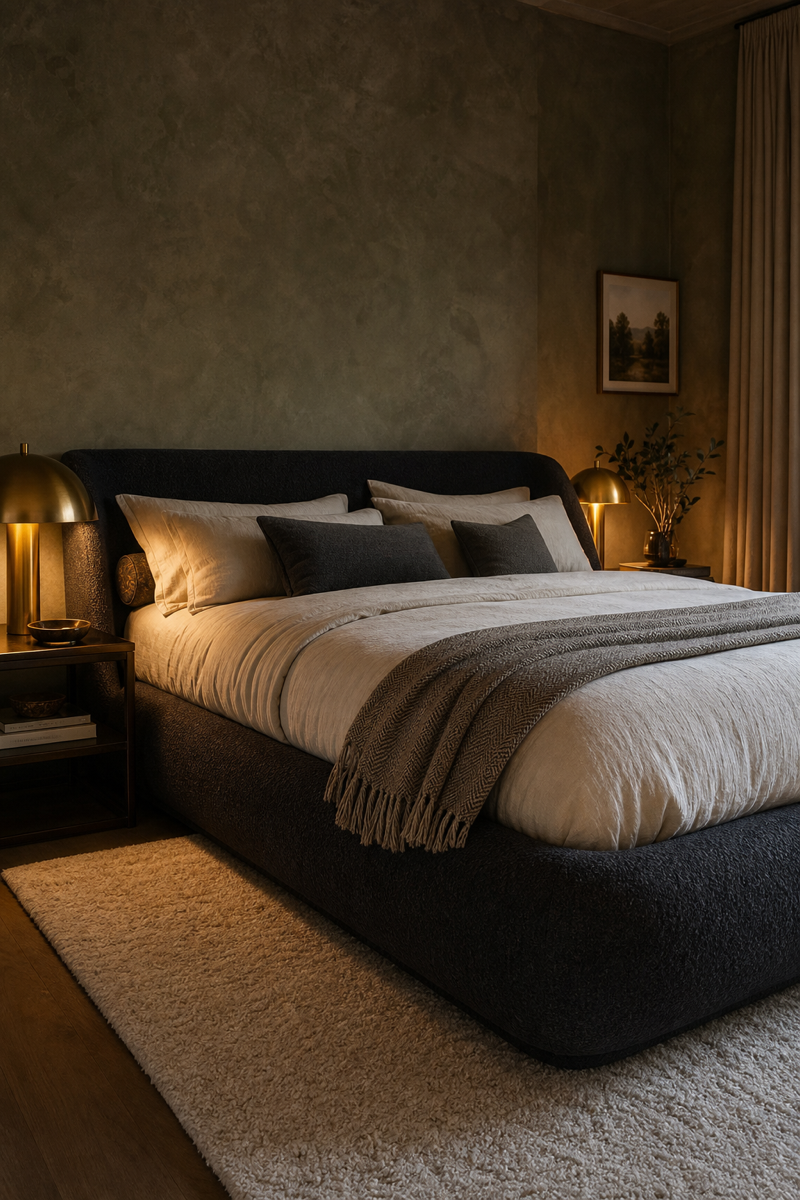 Cocooning bedroom with dark upholstered bed and light bedding