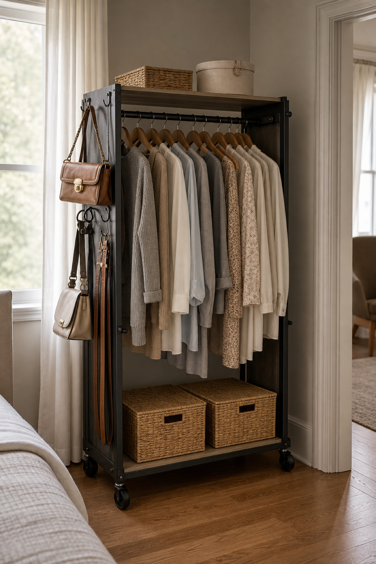 Use Hooks For Bags And Belts for Portable Wardrobe Ideas For A Neat Stylish Home