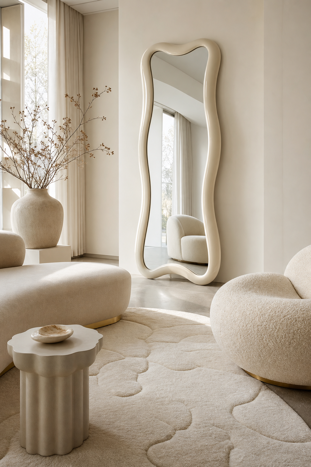 Wavy standing mirror paired with soft modern furniture