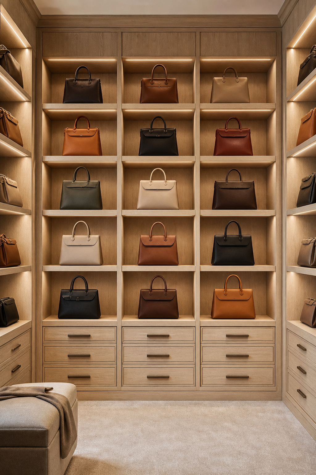 Build A Floor-To-Ceiling Feature Wall in a neat stylish handbag closet