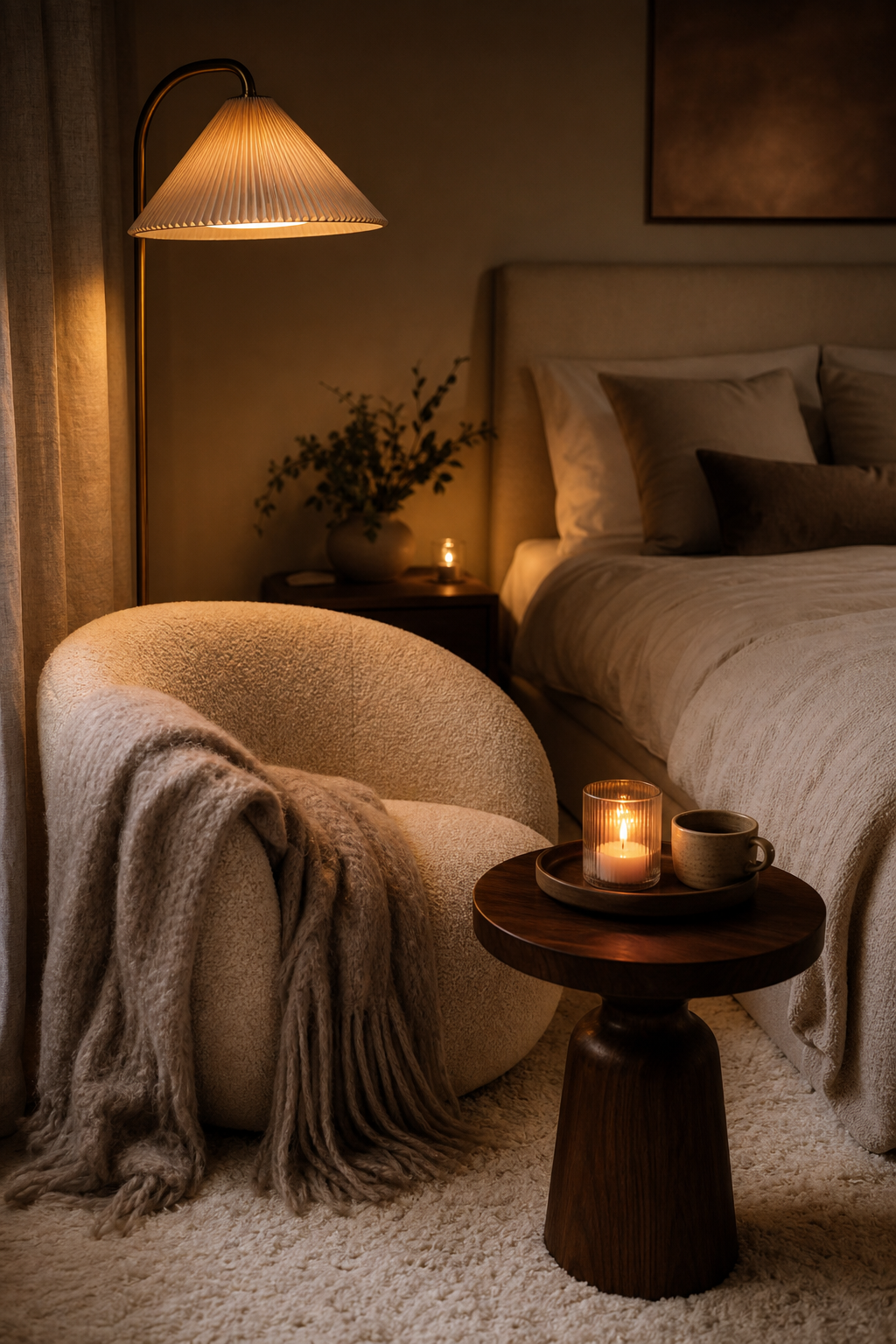 Warm bedroom reading corner with boucle chair, floor lamp, and cream bedding