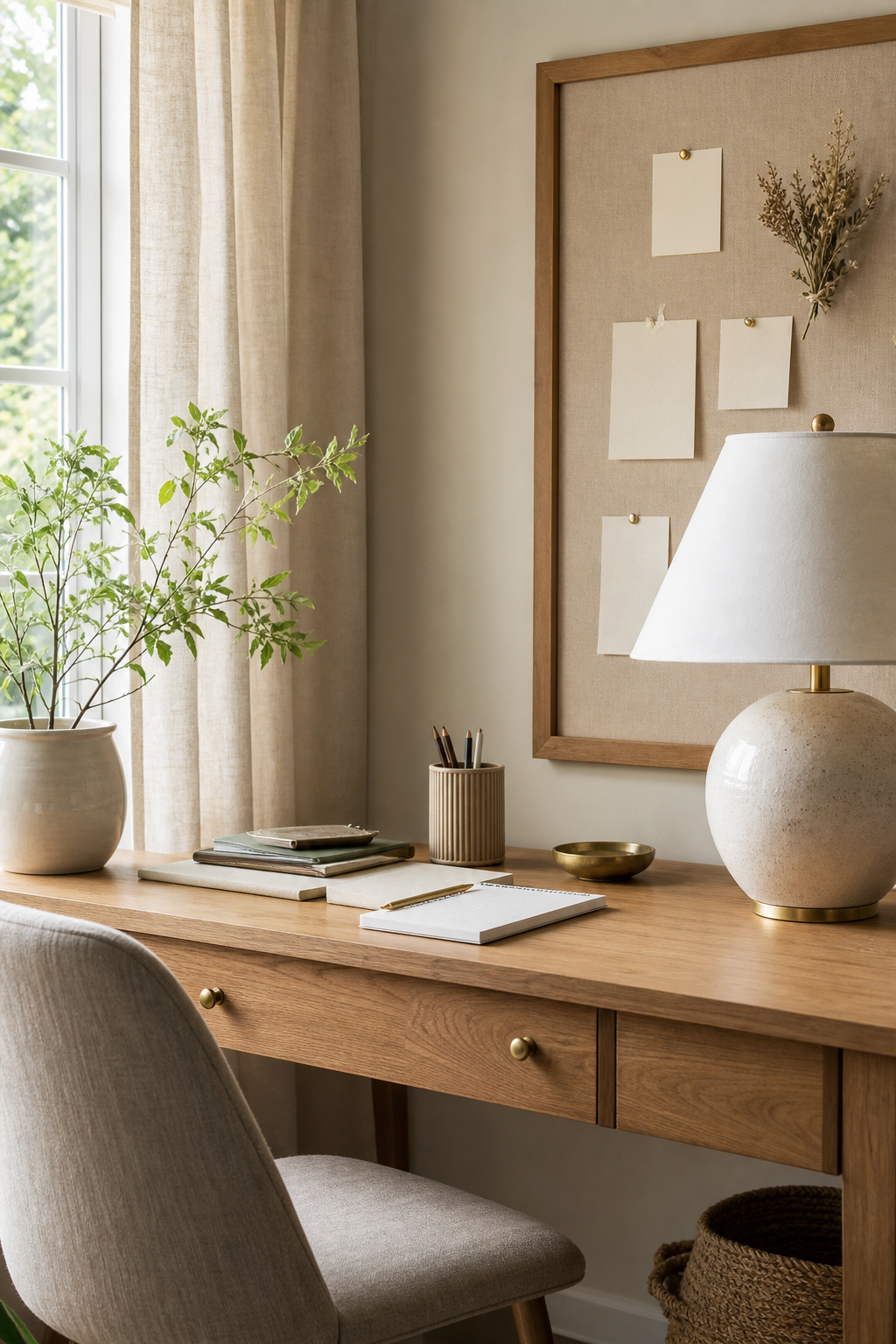 Aesthetic desk refresh with oak table and calm window light