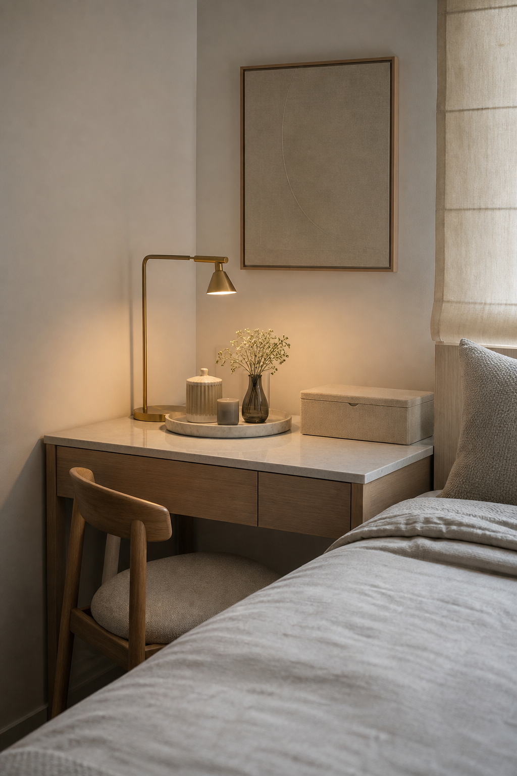 Small bedroom desk used as vanity and bedside surface