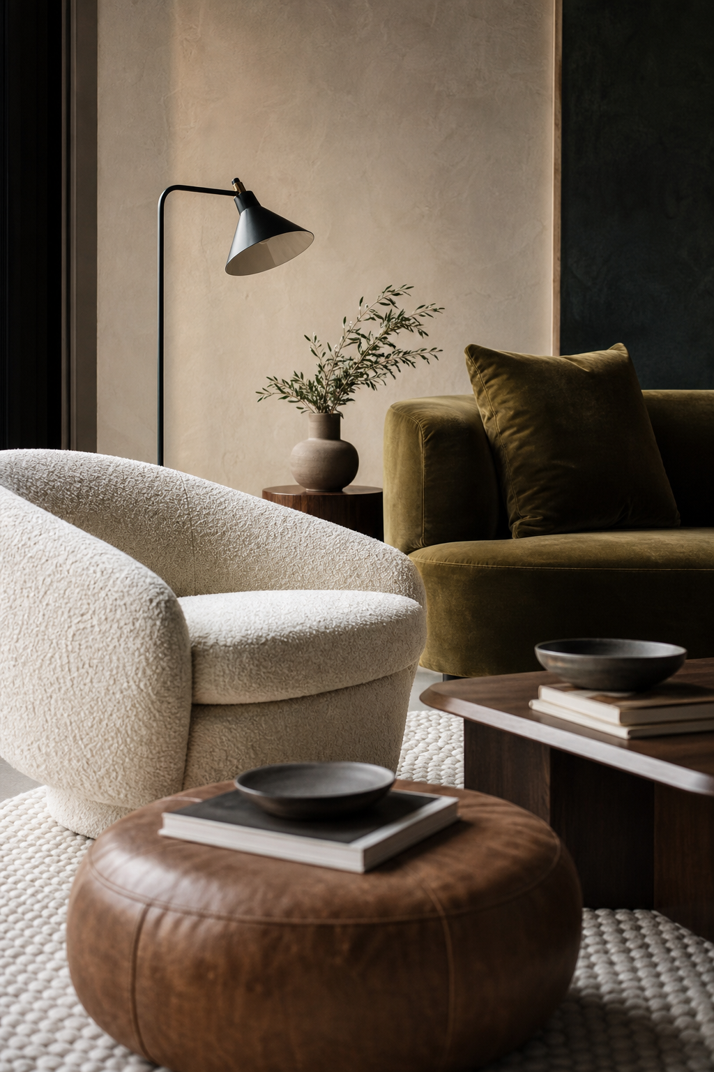 Sophisticated lounge with bouclé chair, velvet sofa, leather ottoman, and wool rug