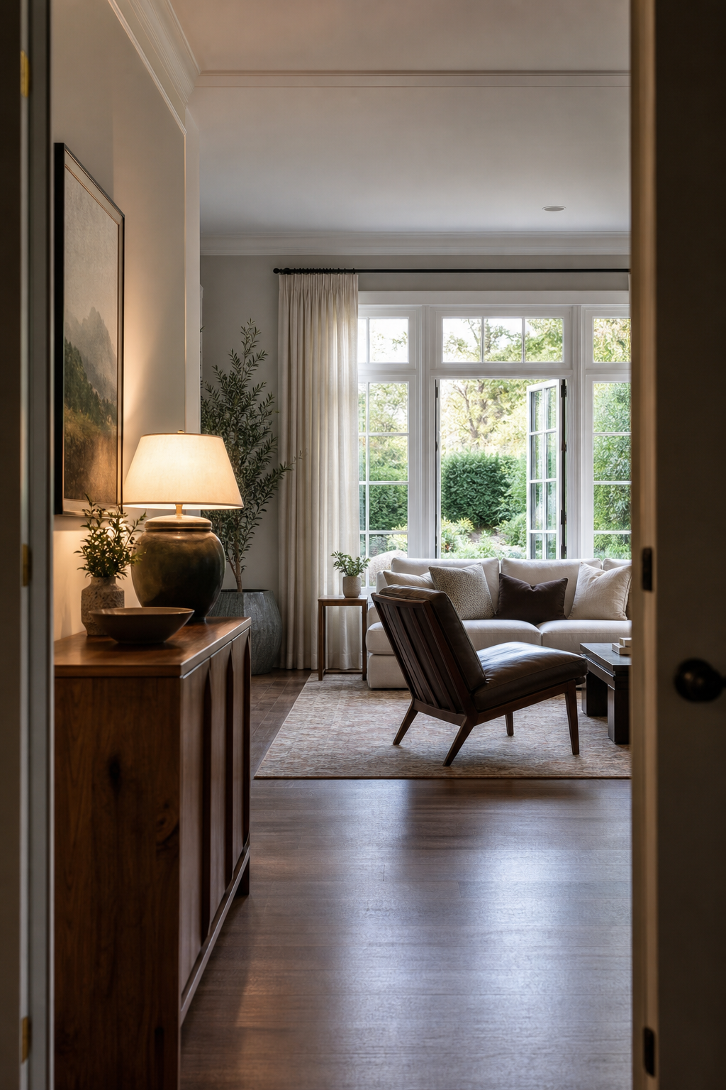 Aesthetic room entry view with console lamp art and angled chair