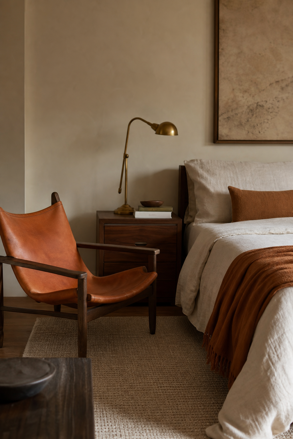 Earthy bedroom with cognac leather sling chair, linen bed, walnut nightstand, and clay throw