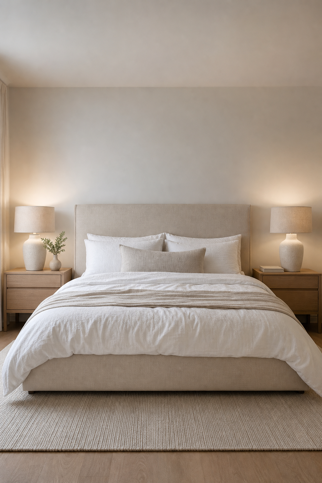 Soft symmetrical minimal bedroom with matching oak nightstands, ceramic lamps, and relaxed white bedding