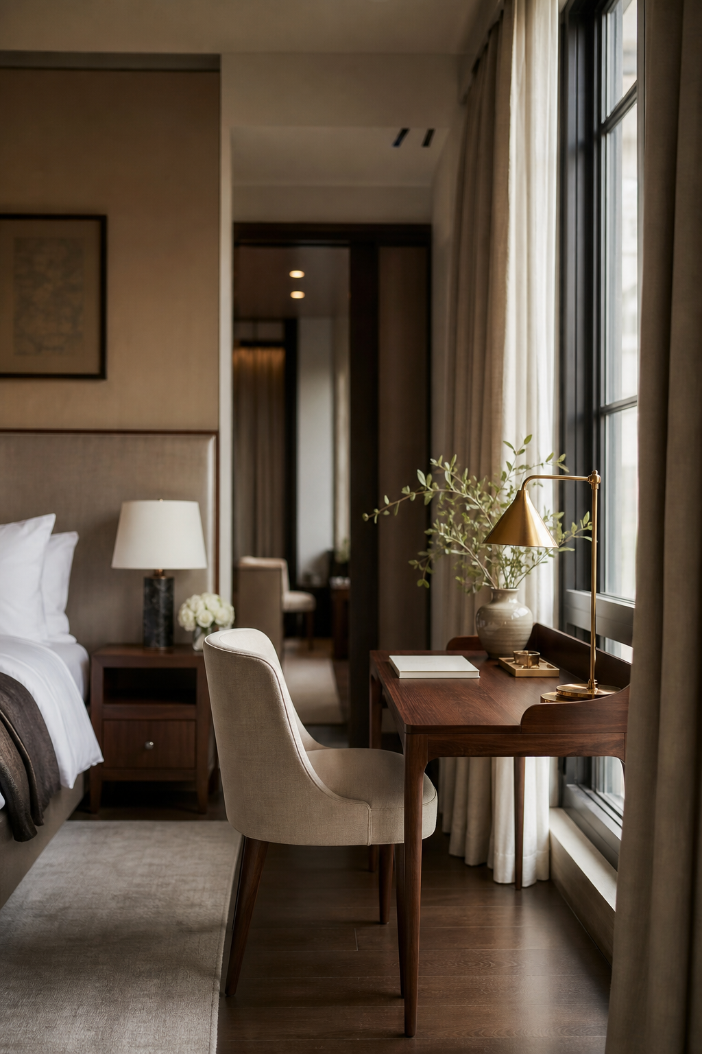 Elegant bedroom with walnut writing desk near the window, upholstered chair, ceramic lamp, and calm neutral bedding