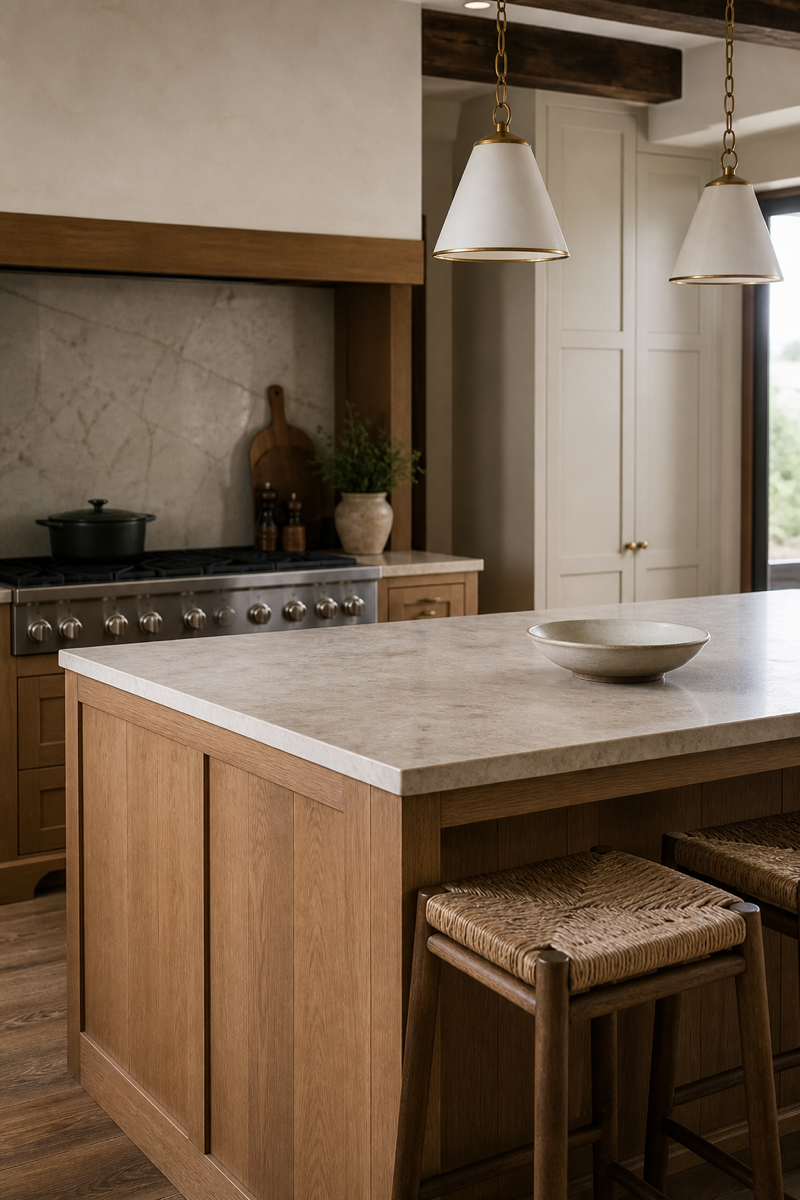 Warm kitchen island with mostly clear functional surface