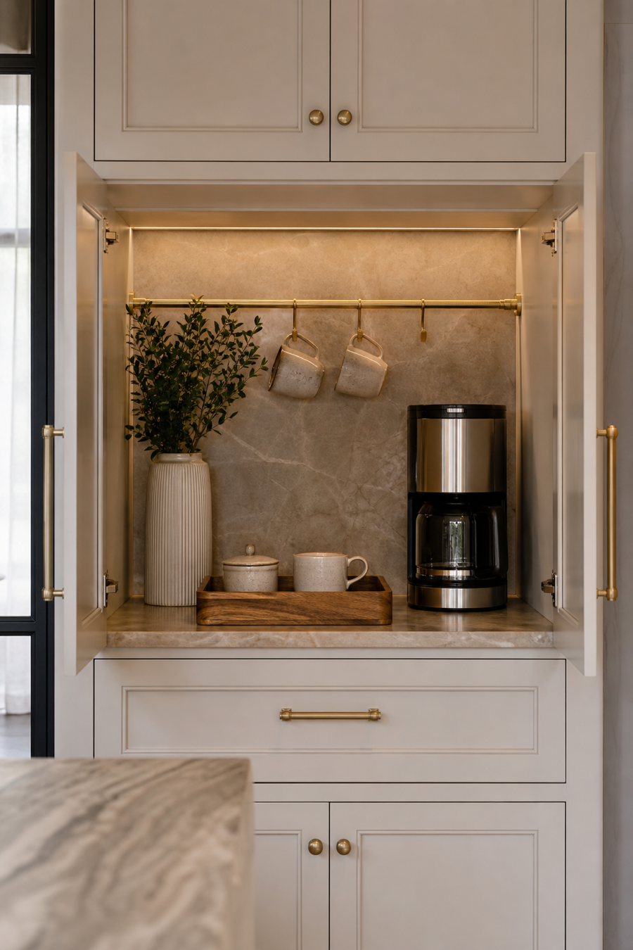Built-in warm neutral kitchen coffee station with organized storage