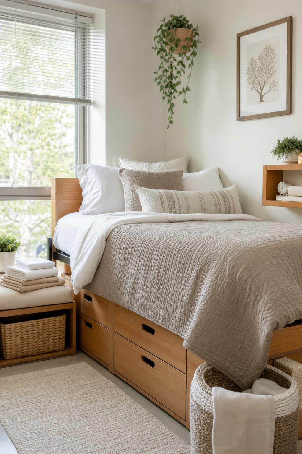 Dorm bed with washable cotton bedding, taupe coverlet, and folded pillowcases