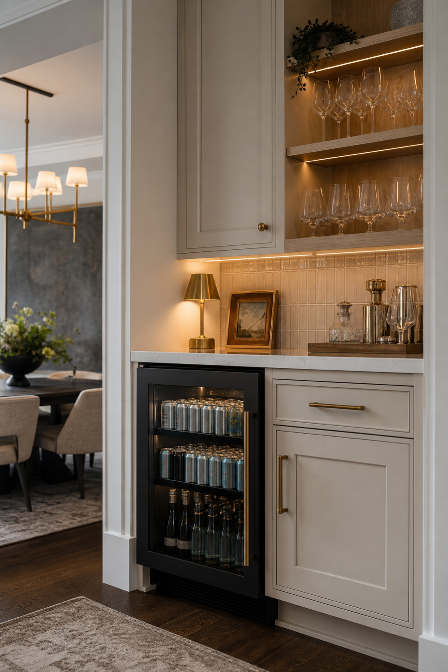 Open kitchen beverage zone placed near dining and living areas
