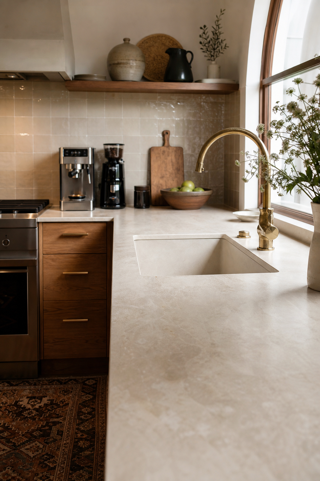 Cozy kitchen with creamy stone counters, wood cabinets, and brass faucet