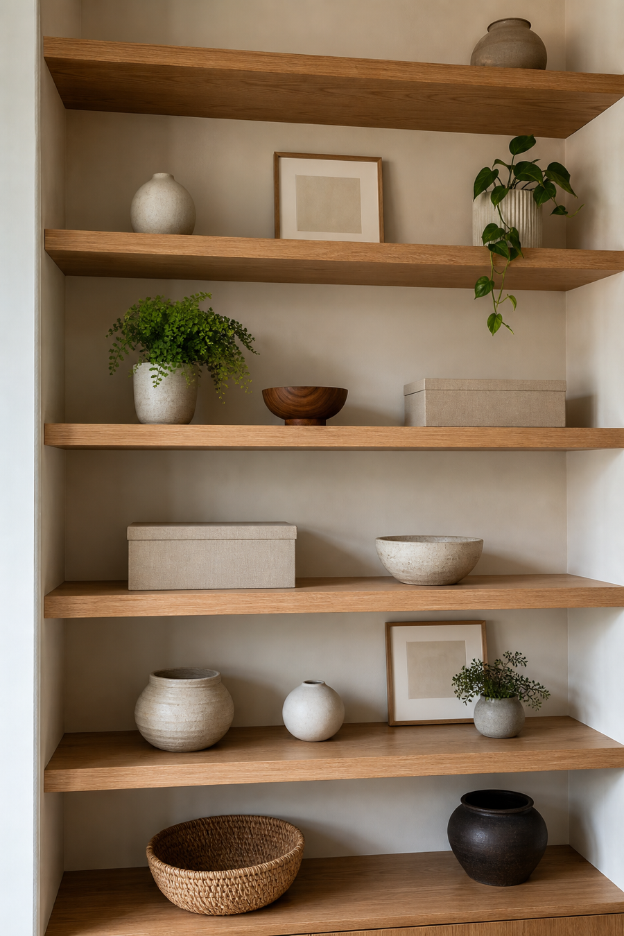 Open shelves styled with ceramics, plants, and breathing room