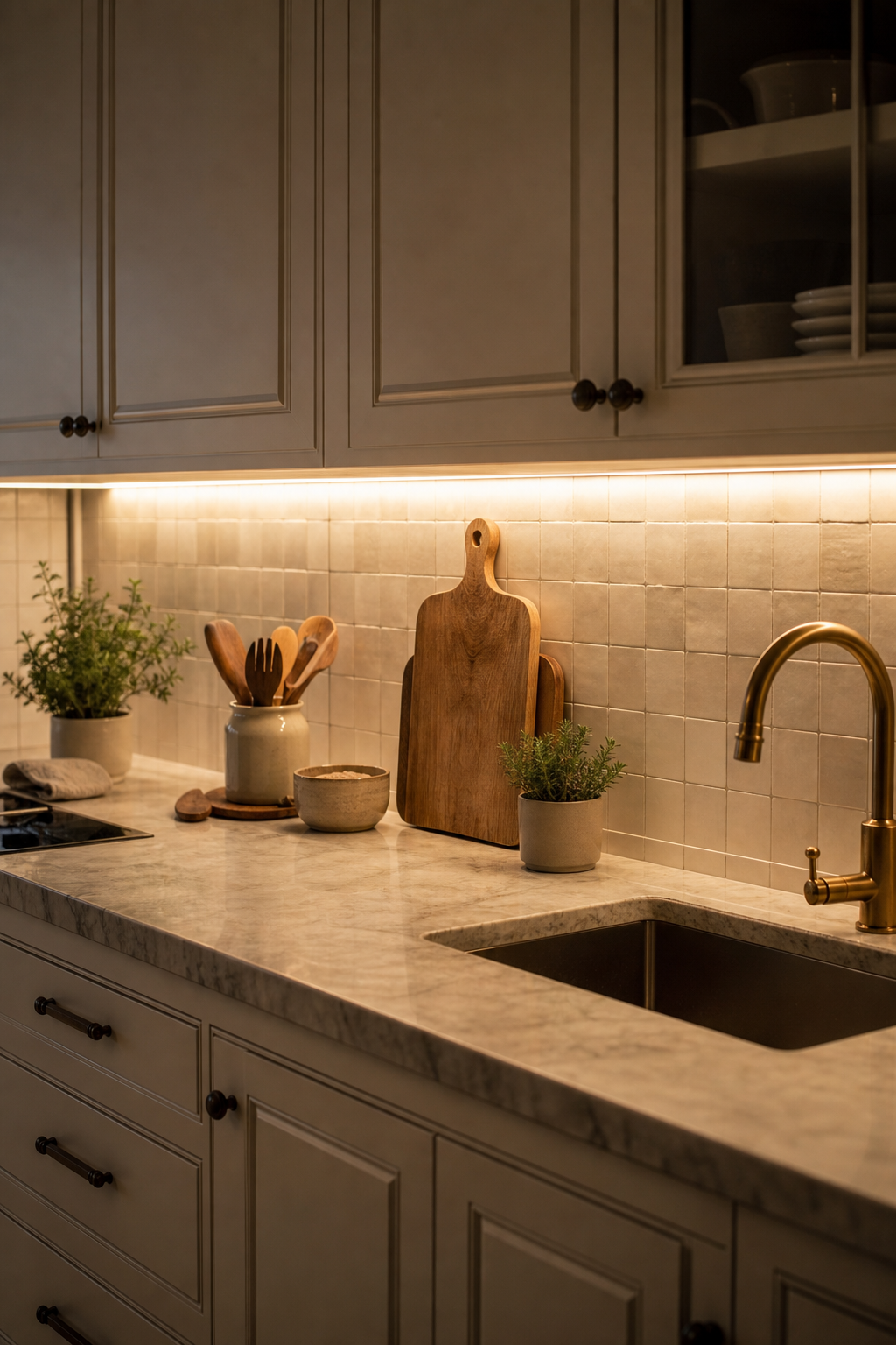 Simple kitchen with warm under-cabinet lighting over stone counters and tile backsplash