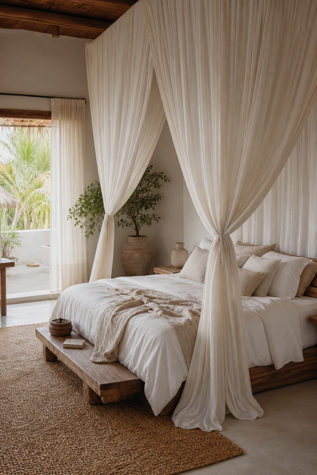 Boho bedroom with lightweight ivory canopy and airy natural styling