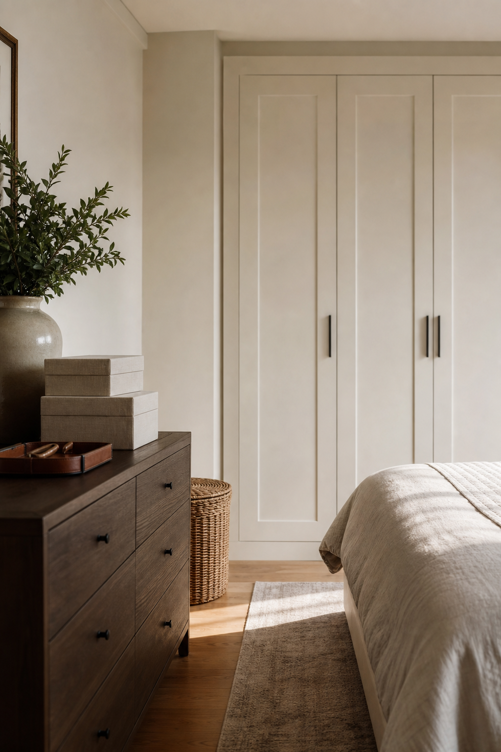 Beautiful hidden bedroom storage with built-ins, woven hamper, and linen boxes