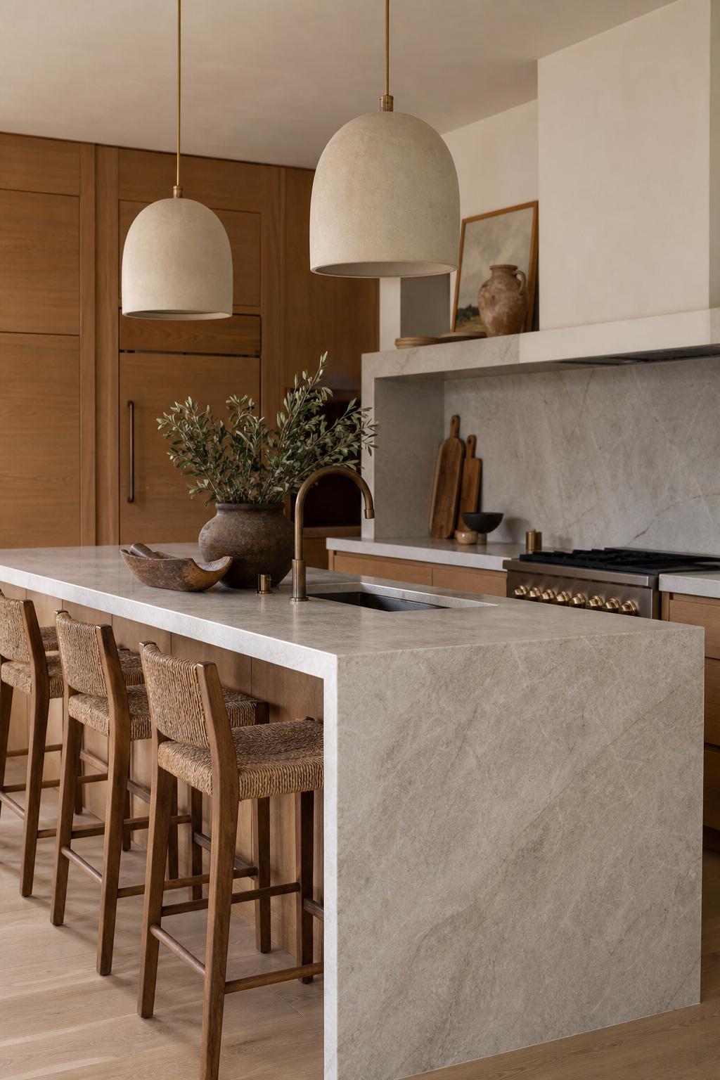 Restrained stone waterfall edge on a warm kitchen island